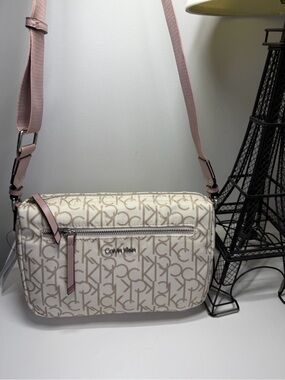 Calvin Klein Cream Crossbody Bag with Pink Strap and Trim